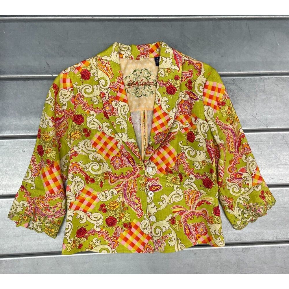 Robert Graham Blazer Jacket Womens Size 4 Green Floral Linen 3/4 Sleeve Boho